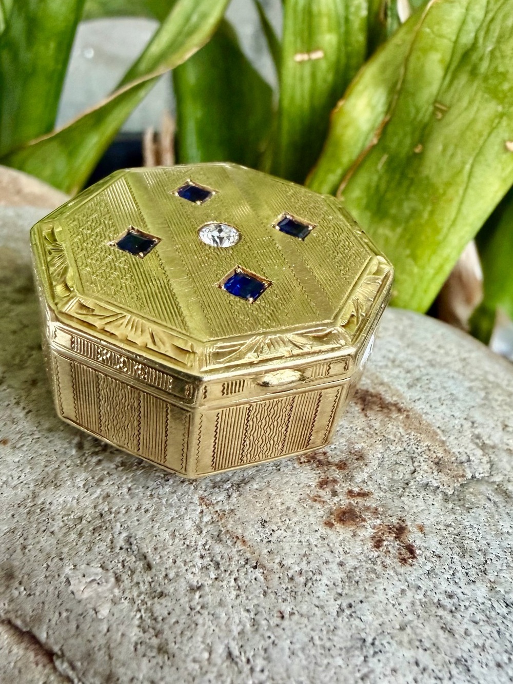 14k gold Box with diamonds and sapphires